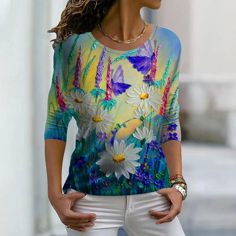 Damen Herbst Tops Loose Dreamy Flower Butterfly Print Kausal Langarm T-Shirt Top Bluse