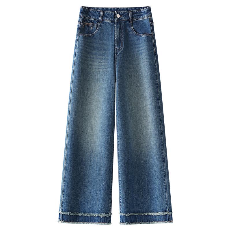 

Винтажные джинсы с высокой талией, необработанным краем и широкими штанинами для женщин - Коллекция Весна/Осень 2025, прямая модель длиной до щиколотки, доступны маленькие размеры 3XL синий