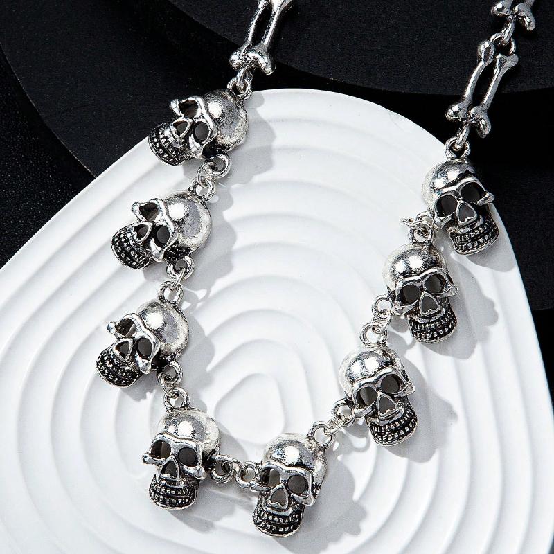 Gothic Style Exaggerated Multiple Skull Connected Choker Necklace Unique Skull Halloween Gift Accessory Charm Quirky