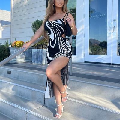 Striped Print Slips Sexy Slim Maxi Dress Women Backless Irregular Lace Up Fashion Clothing Female Hollow Out Elegant Party One Piece Dress