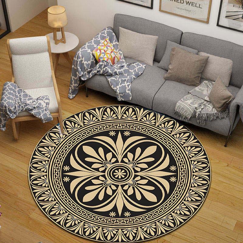 Trendy Round Greek Black Floor Rug, Non-Slip Floor Mat for Hallway