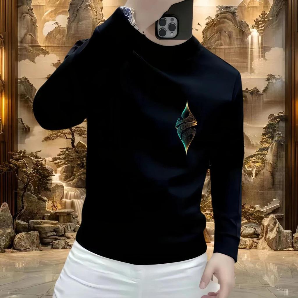 New Men's Printed Velvet Hoodie - Casual Versatile Long Sleeve Round Neck Top for Autumn/Winter Fashion