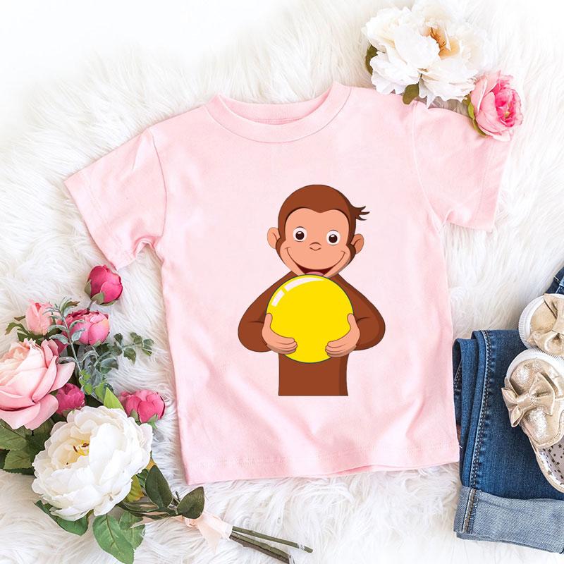 T-shirt Kawaii per bambine Stampa cartone animato Scimmietta Curious George Abbigliamento per bambini T-shirt estive T-shirt per bambine Top rosa a maniche corte