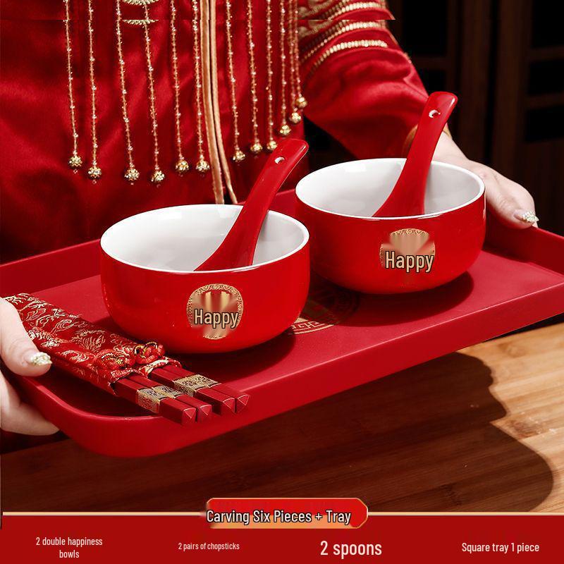 Red Wedding Bowls & Chopsticks Set - Bride's Dowry