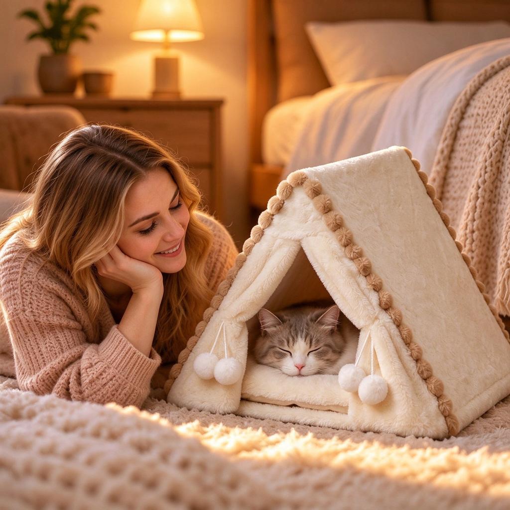 Pet Tent Bed for Small Cats and Dogs, Size S 383842 cm, Fits Up to 8.8 lb, Plush with Brown Ball