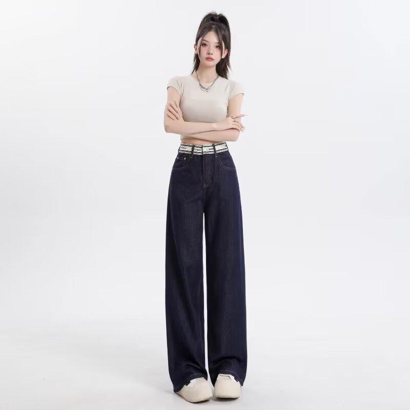 

2024 Women s Tencel Straight-Leg Wide Pants – Slimming, Loose Fit, Summer Style with Woven Ribbon and Color Block Design Extra Large темно-синий