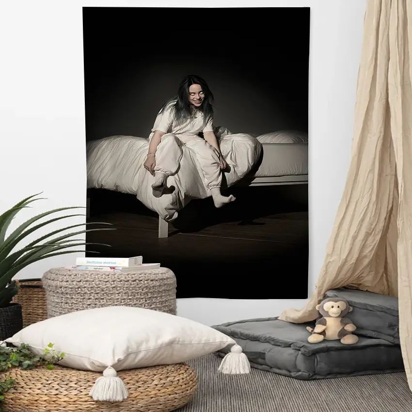 Billie Eilish Yellow Outfit Green Chair Wall Tapestry Pop Music Singer Home Decor Bold Art Soft Durable Cozy Aesthetic