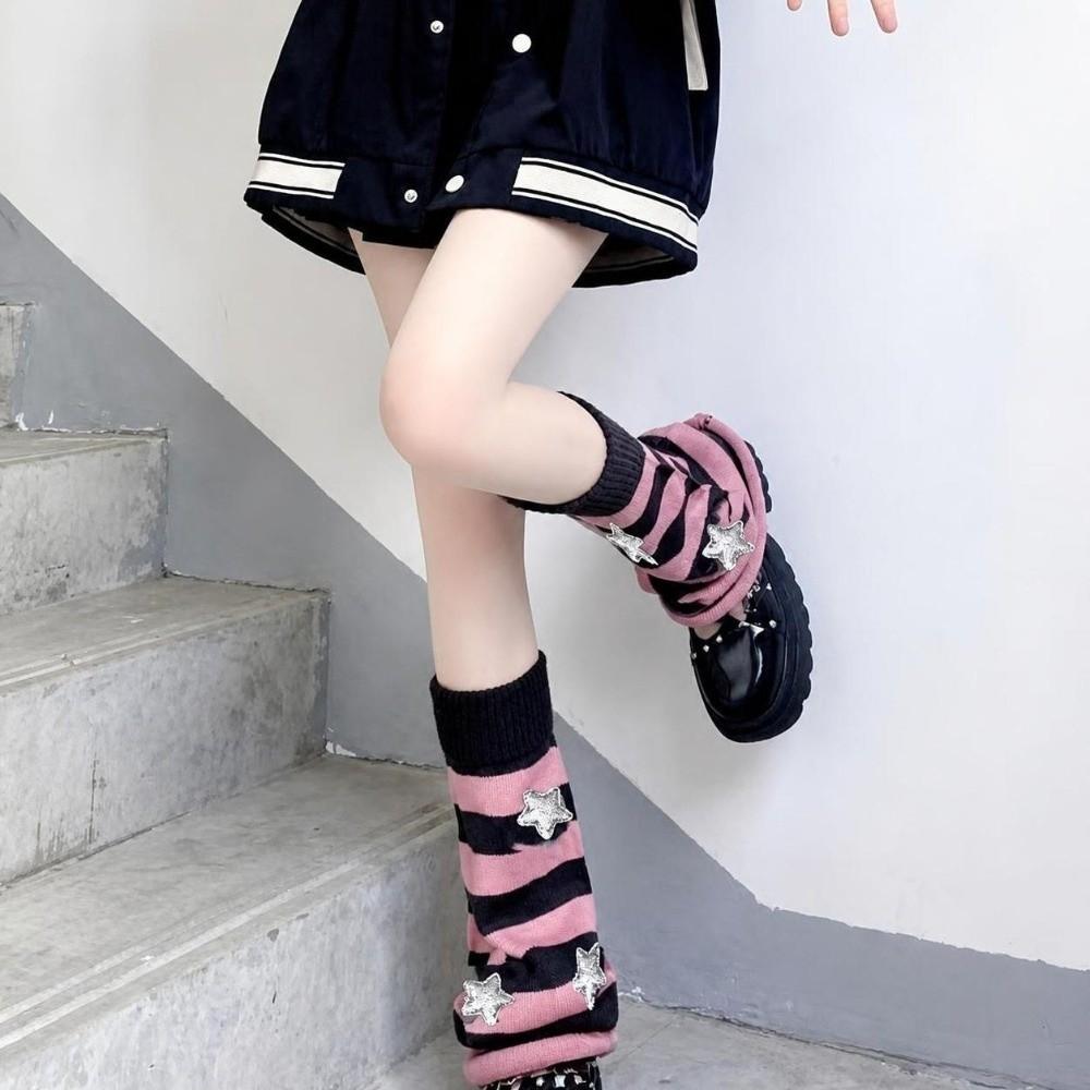 Star Decoration Knit Long Socks Striped Leg Warmers Vintage Boot Cuffs For Women