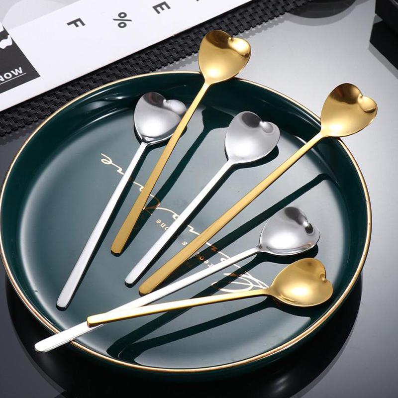 Stainless Steel Spoon Long Handled Honey Mixing Spoon Creative Love Spoon Home Ice Cream Dessert Spoon Golden Coffee Spoon
