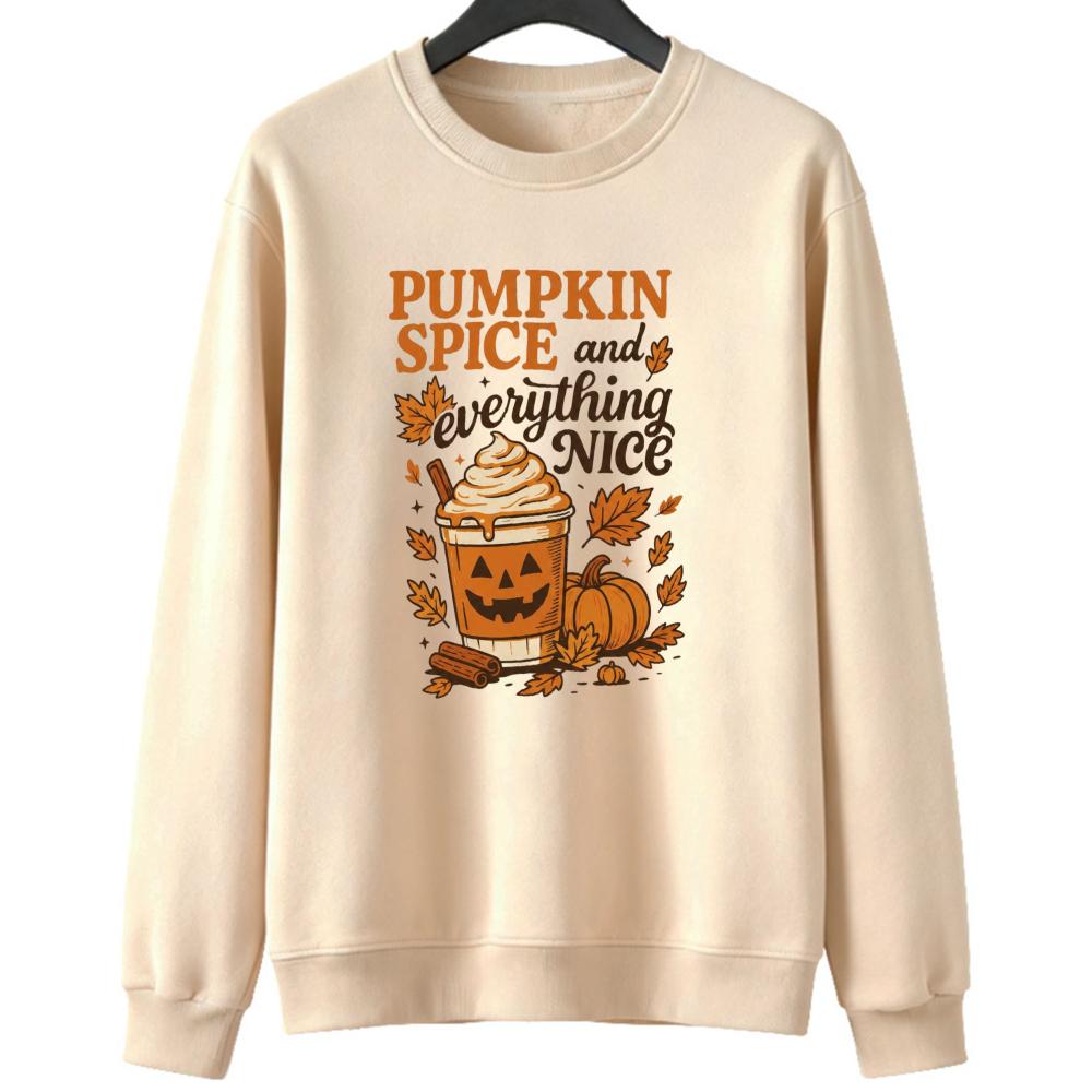 PUMPKIN SPICE and Everything NICE Retro Fall Sweatshirt Women Halloween Pumpkin Coffee Print Pullover Autumn Holiday Daily Wear