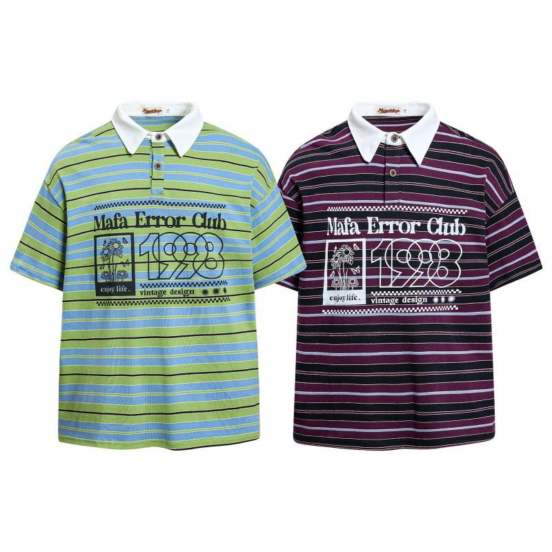 American Vintage Daisy Striped Polo Shirts Loose Fit Short Sleeve T-Shirts Young Men Women