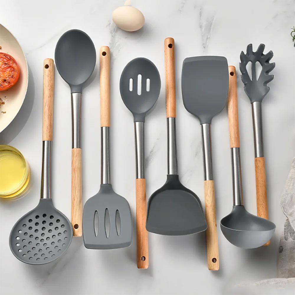 Silicone Kitchen Utensils Spatula Shovel Soup Spoon Cooking Tool Non-Stick Wood Handle Kitchen Gadgets Beaters Kitchenware
