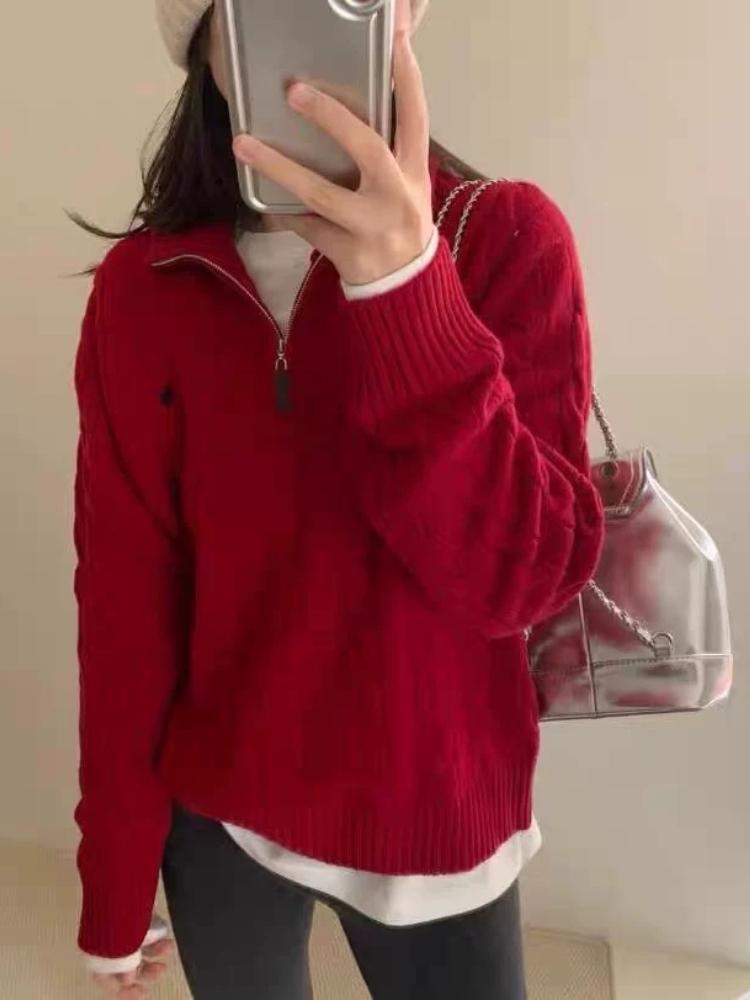 Pulovere tricotate vintage Y2k, toamnă iarnă, pentru femei, stil coreean, ocazional, cu fermoar, pulover solid, îmbrăcăminte șic pentru femei