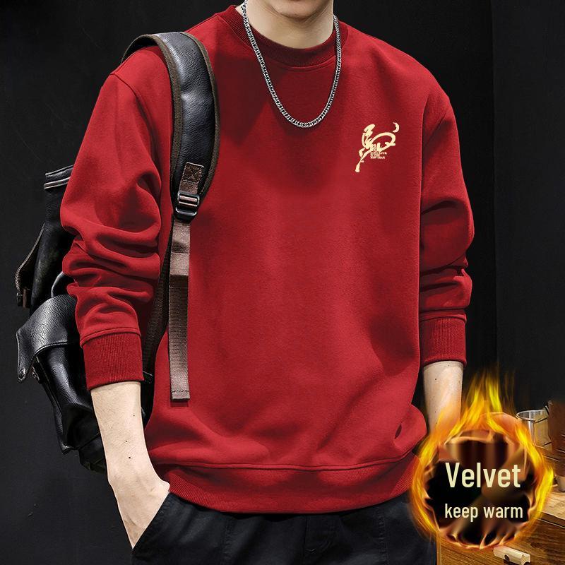 Guochao Men's Oversize Black Hoodie with Round Neck - Warm, Thick, Plus Size for Spring and Autumn.