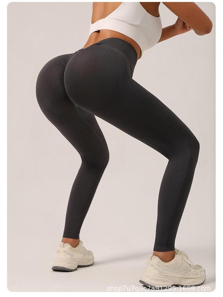 Seamless High Waist V-Cut Yoga Pants - Solid Color, Peach Lift, Cropped Length
