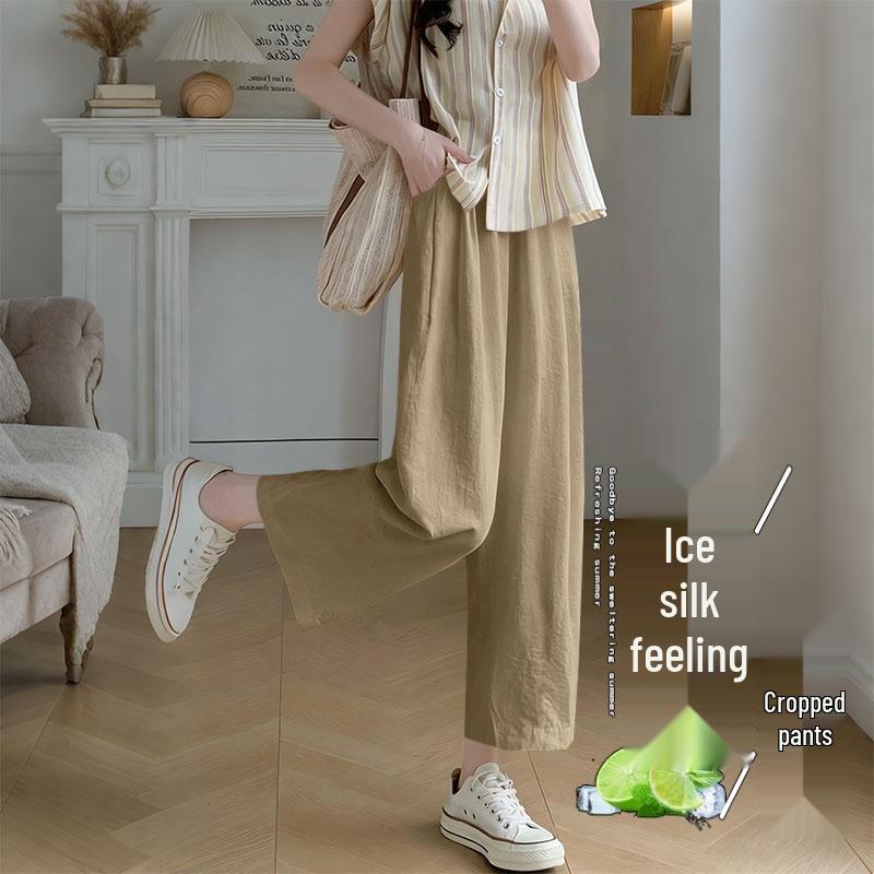 Plus Size Ice Silk Wide Leg Cropped Pants - Trendy Korean Style for Spring & Summer