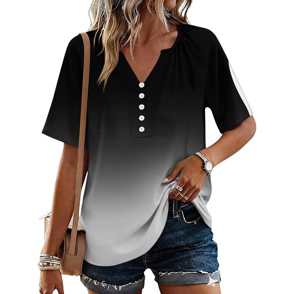 Women's Fashionable Casual Floral Print Button V-neck Short-sleeved Top