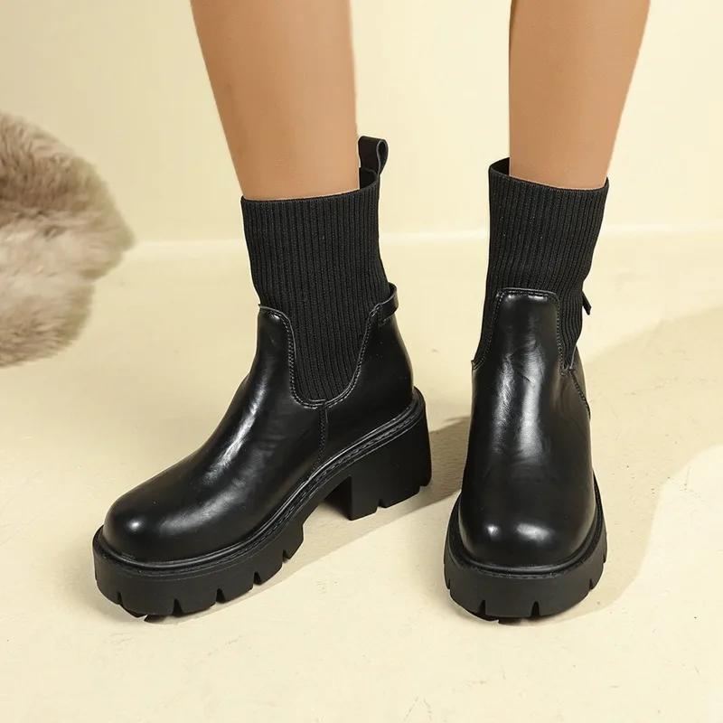 

2025 Plus Size Shoes Female Ankle Women s Boots Elegant Modern Boots Women Round Toe Chunky Heels Knitted Slip on Shoes Women 35 чорний