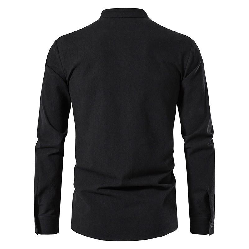 Chemise Henley en coton pour homme, à manches longues, décontractée, avec col montant et cordon de serrage.