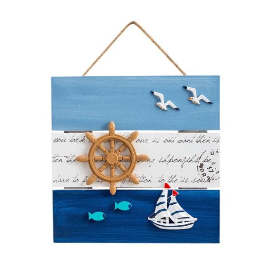 Wood Beach Framed Wall Art Coastal Ocean Theme Wall Hanging Sign with Steer Wheel Conch Sailboat for Bathroom Bedroom Living Room Decor