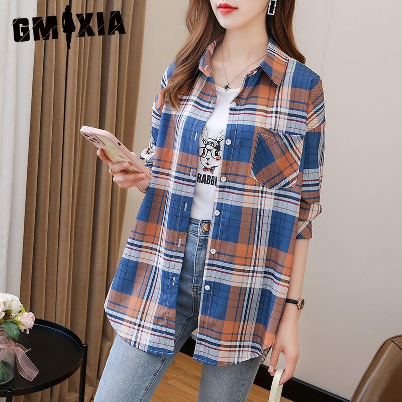 

GMXIA Женские модные весенне-осенние повседневные свободные кардиганы с длинными рукавами и длинными рукавами в клетку с воротником-поло