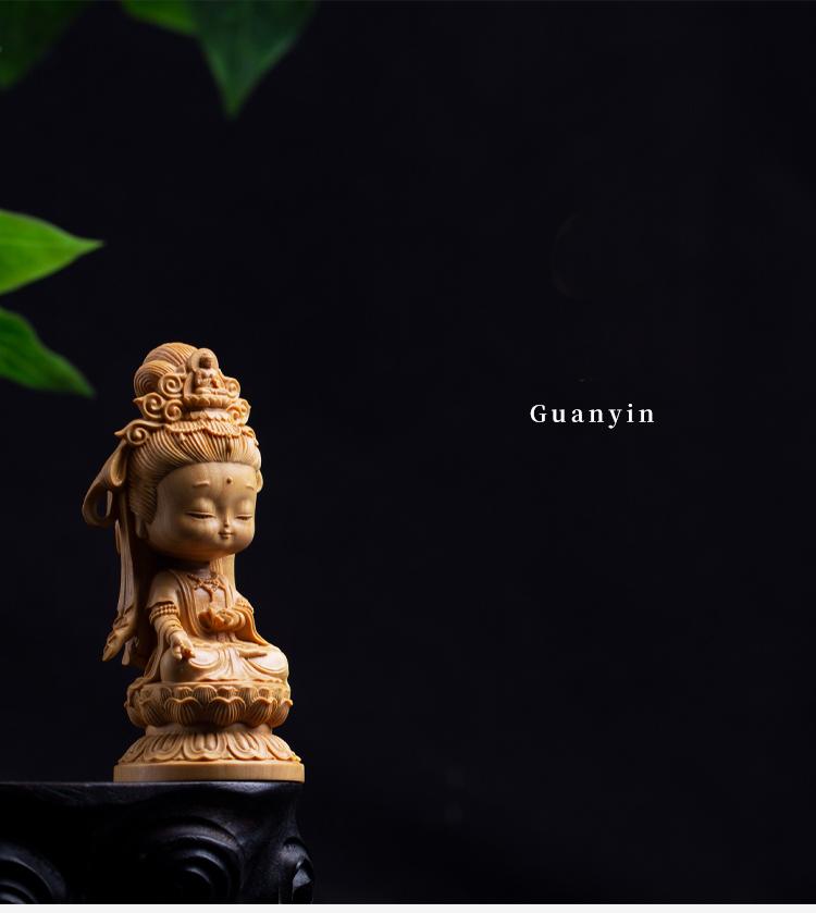 Woodcarving Cartoon Guanyin Statue  Hand Carving Solid Wood Buddhist Feng Shui Guanyin Home Room Office Decoration  Statue
