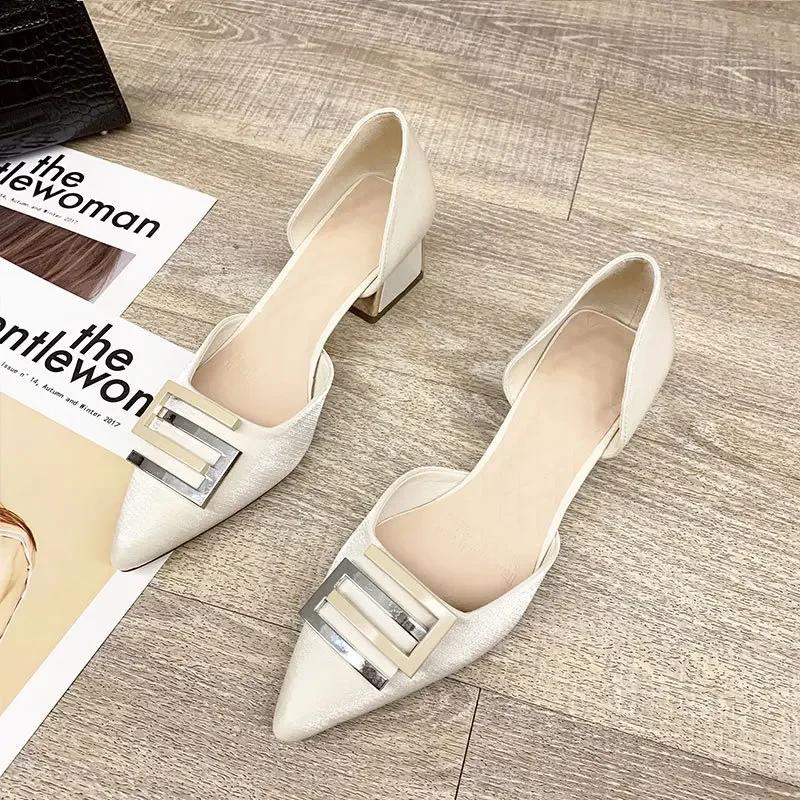 Fashion Women's Spring and Summer New Pointy High Heels Metal Buckle Wine Red Light Mouth Thick Wedding Shoes