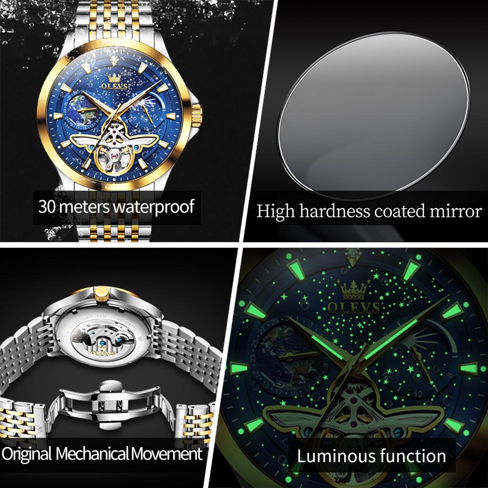 OLEVS 6705 Mens Mechanical Watch Luxury Original Flywheel Automatic Watch Waterproof Moon Phase Luminous Sports Watches
