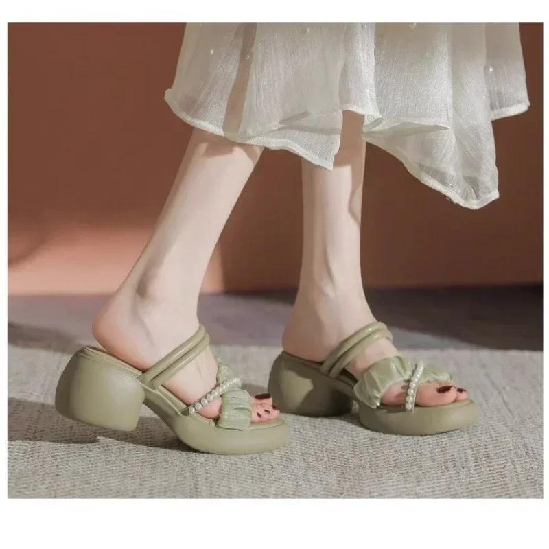 

Новые летние сандалии с круглым носком для женщин, модные шлепанцы, обувь на платформе, туфли на высоком каблуке 39 зелёный