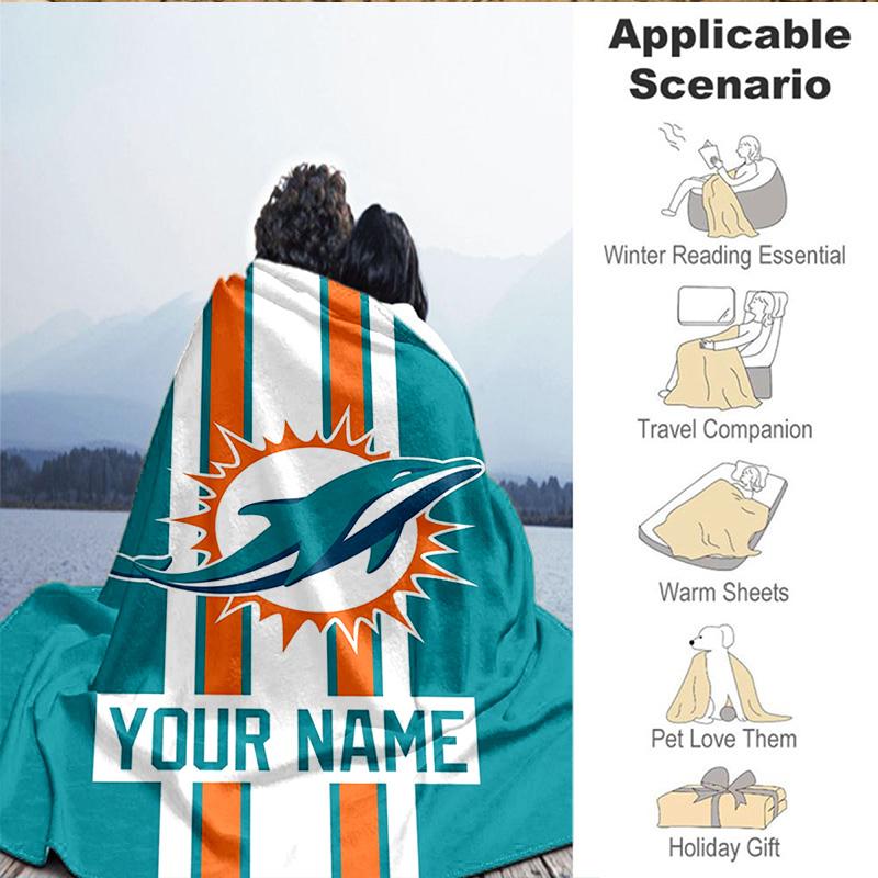 1PC Custom Name Blanket Dolphins Team Flannel Blankets Patterns Throw Blanket All-Season Soft Gift for Couch, Bed, Camping, Birthday Gifts