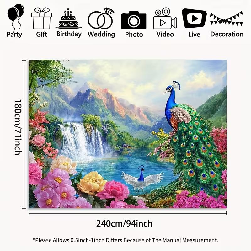 2D Elegant Peacock Floral Waterfall Backdrop Spring Nature Scenery Studio Background Cloth