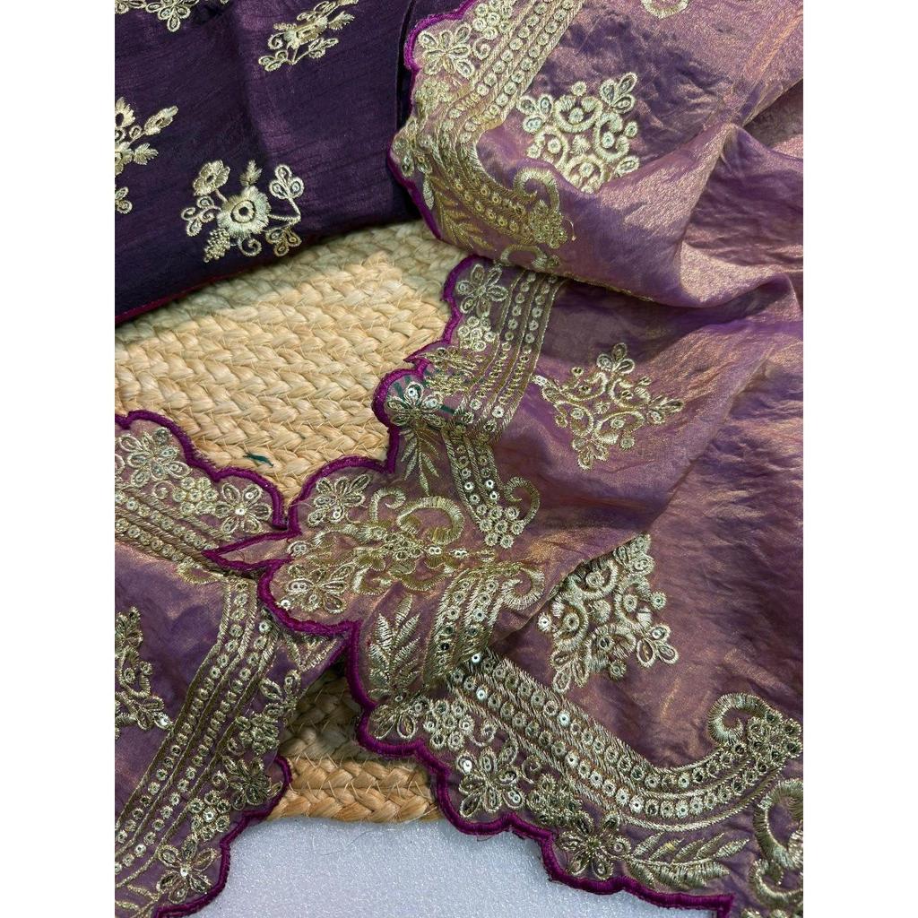 Königlicher Satin Zari Pailletten-Sari – Premium Designer Festtagsmode