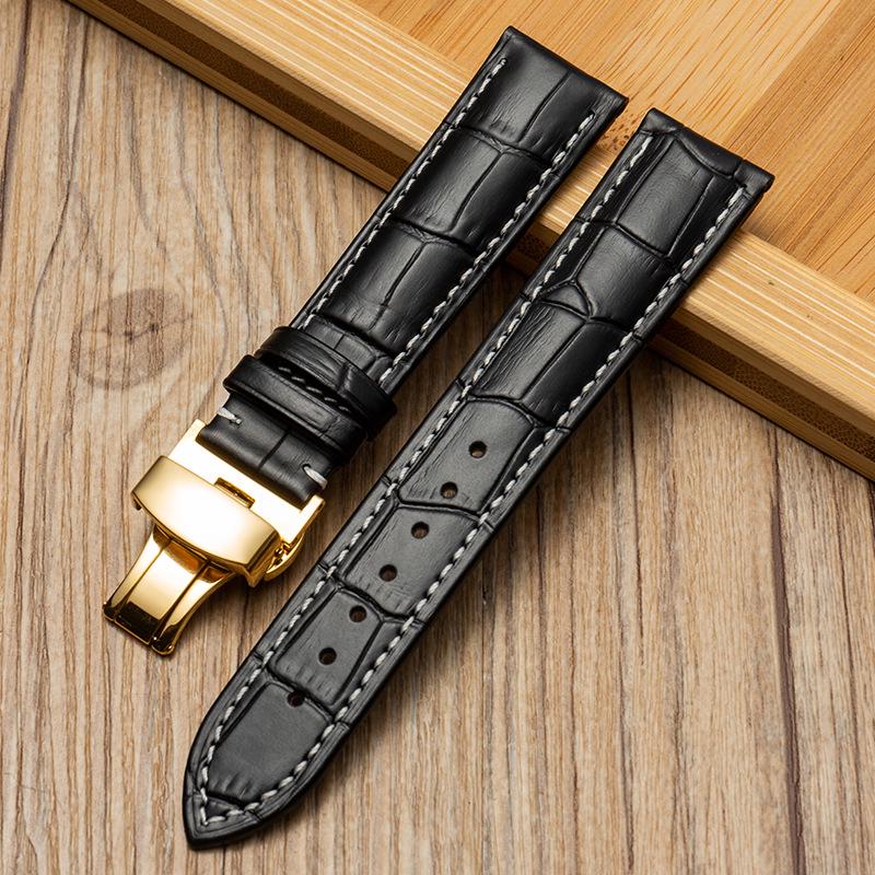Bamboo Pattern Genuine Leather Watch Strap with Soft Cowhide and Butterfly Buckle for Men and Women