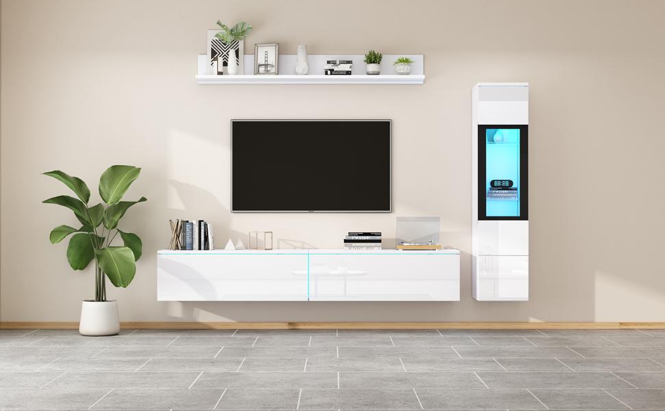 TV Wall Unit Set 3-Piece LED Lighting High Gloss White Living Room Furniture, Frontal 1 X TV Cabinet, 1 X Living Room Display Cabinet, 1 X Wall Shelf