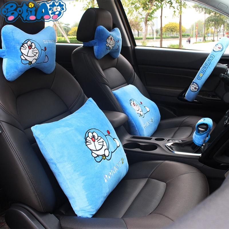 New Doraemon Cute Plush Headrest Car 2-In-1 Pillow By Car Waist Neck Pillow Steering Wheel Cover Decoration Accessories Gift