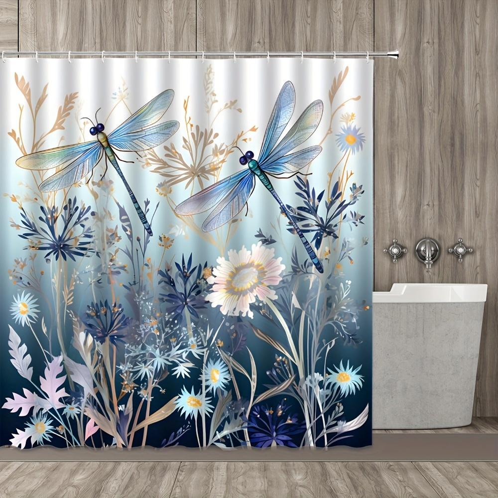 1Pc Dragonfly Floral Pattern Shower Curtain, Shower Curtain With Hooks, Bathtub Partition, Bathroom Decor, Bathroom Accessories