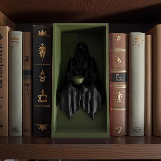 Sitting Grim Reaper Statue Spooky Bookshelf Decoration Gothic Black-Robed Man