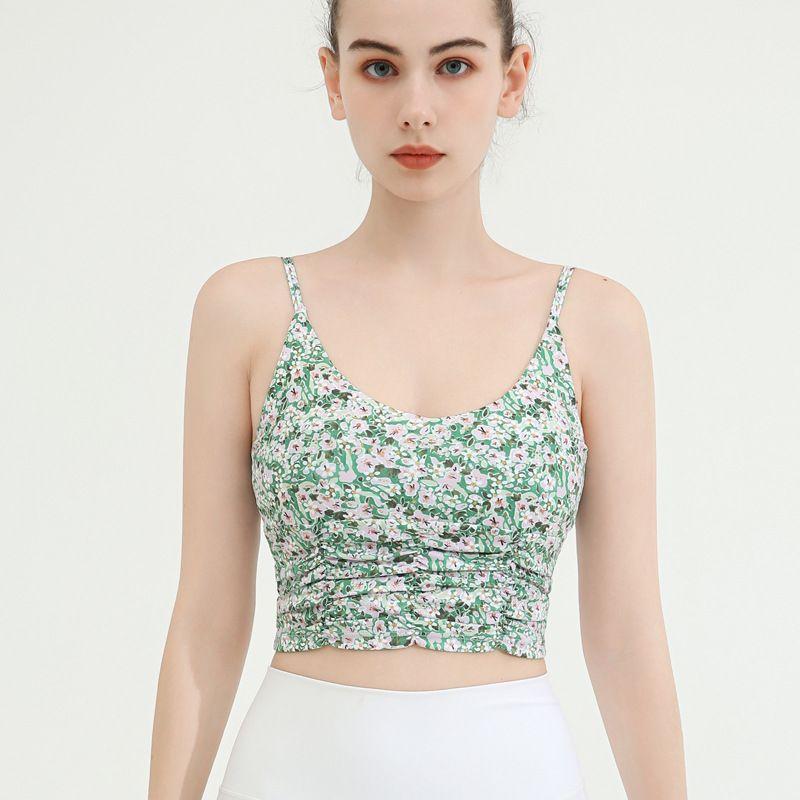 

Export Cross-Border with Chest Pad Pleated Print Yoga Bra Women s Tight Fitness Vest Sexy Beauty Back Sports Intimates Green flower L