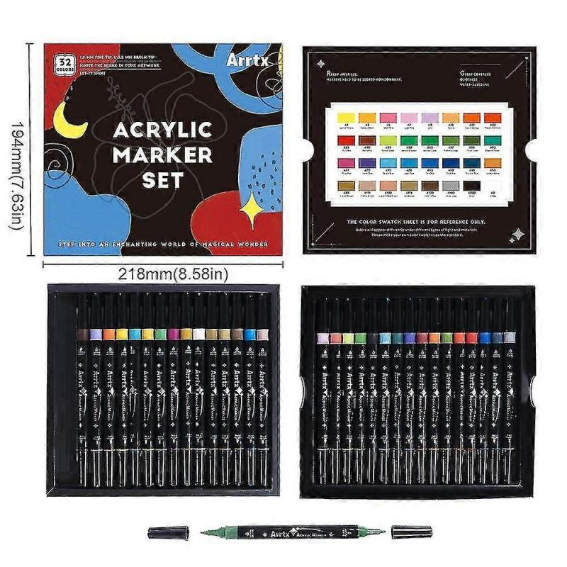 Arrtx 32 Färger Skissmarkörer Dubbel Spets Akryl Färgmarkörpennor På Sten Glas Duk Metall Keramisk Mugg Trä Plast