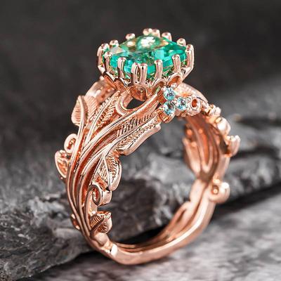 Huitan Crown Design Women Ring Inlaid Shiny Green CZ Elegant Wedding Engagement Accessories Rose Gold Color Jewelry