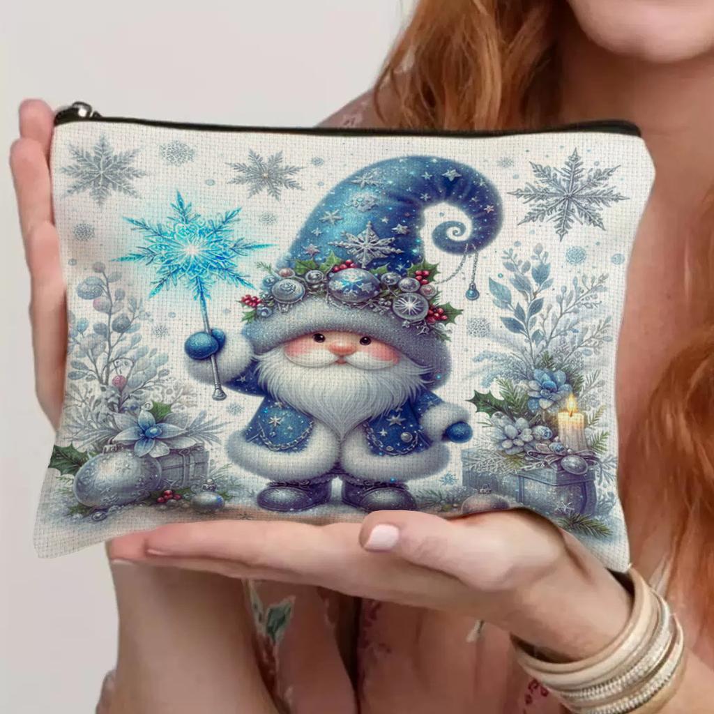 Christmas Gnome Makeup Bag Watercolor Snowflake Pouch Portable Storage Organizer Women Girls Travel Toiletry Bag School Pencil Case Holiday Xmas Gift
