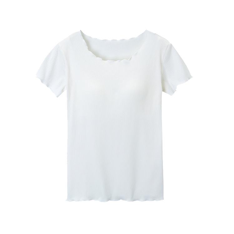 Ruffled Short-Sleeve Bra-Free T-Shirt with Integrated Breast Pads