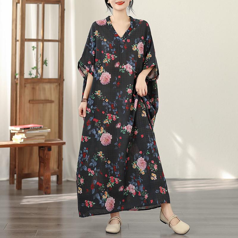 

DIMANAF New 2026 Women Plus Size Spring Summer Beach Vintage Floral Print Black Long Dress Loose Oversize Maxi One size
