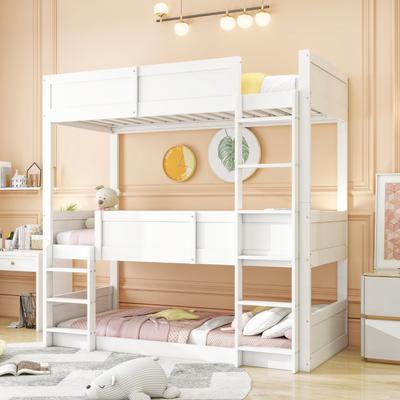 Three-Bed Room Bed 90*200 Cm, Solid Wood Slats, Loft Bed, High Fence Design, Children's Bed, Wooden Bed, White
