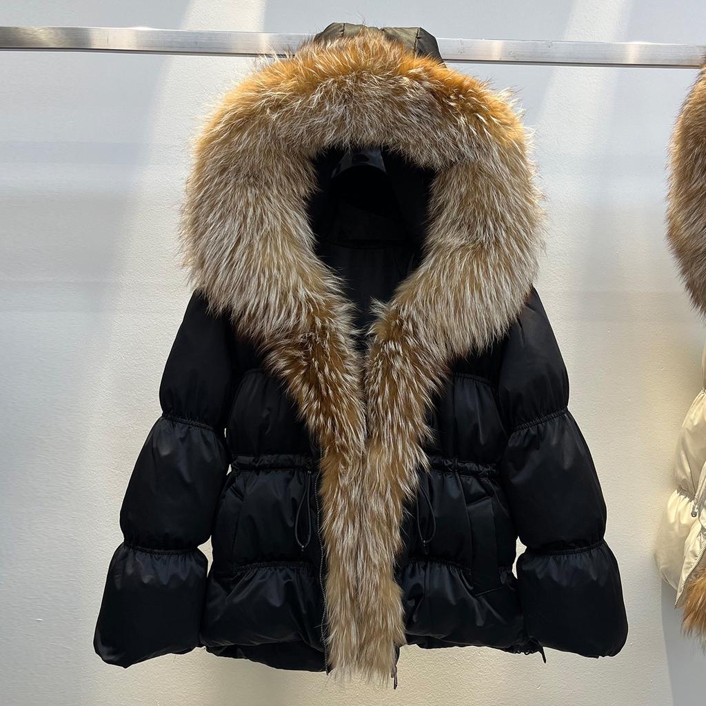 European winter new fur fox big fur collar hooded down jacket women's short loose waist thickened coat