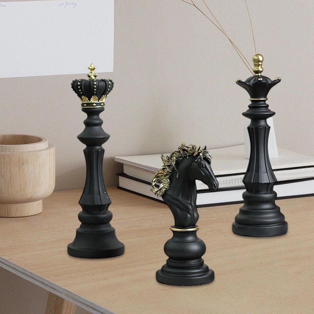 3 Pieces Chess Pieces Statues Gift Home Furnishing Collectible Resin Sculptures for Bookshelf Farmhouse Office Tabletop Bedroom