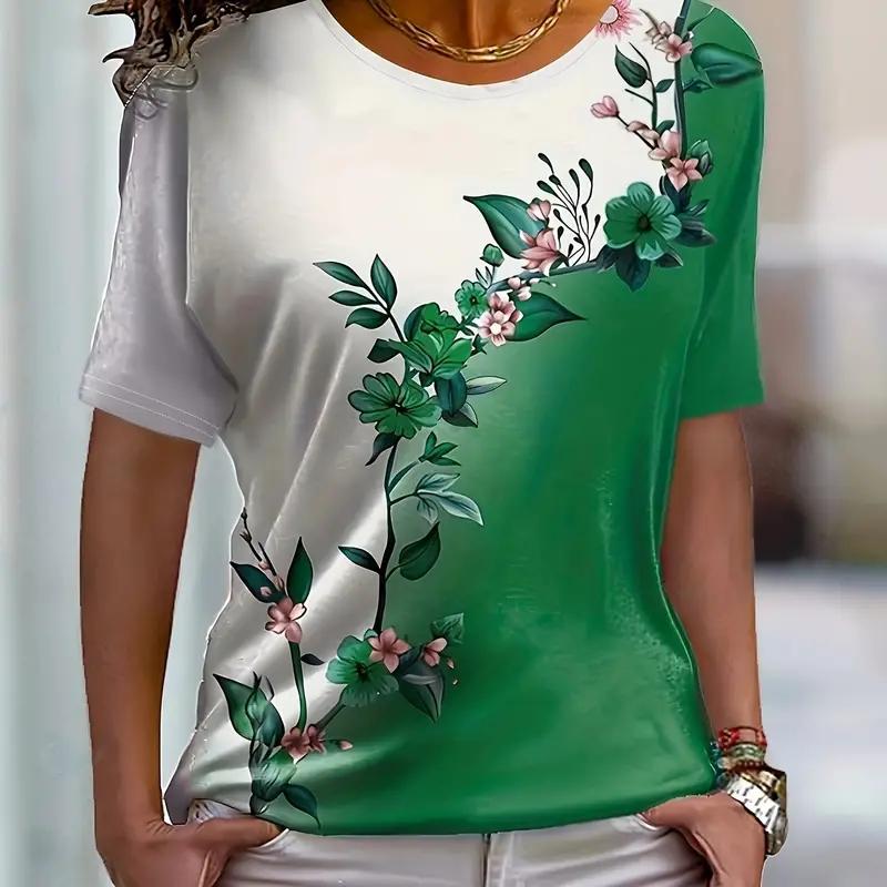 Women's Printed Color Blocked Women's Casual T-shirt - Round Neck Short Sleeved Top