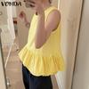 VONDA Women Summer Sleeveless Solid Color Casual Pleated Tank Tops