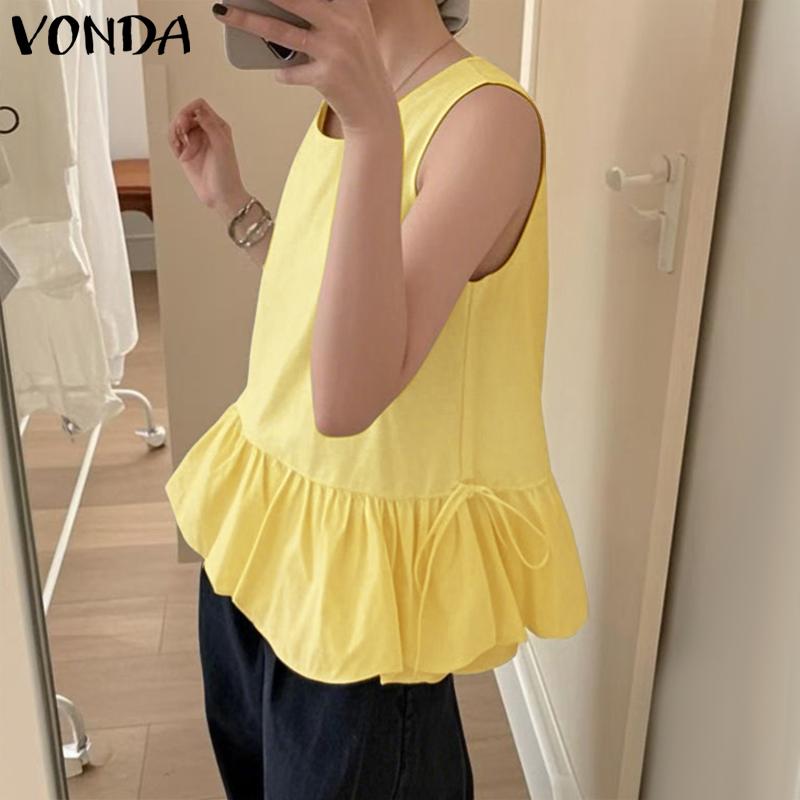 VONDA Women Summer Sleeveless Solid Color Casual Pleated Tank Tops