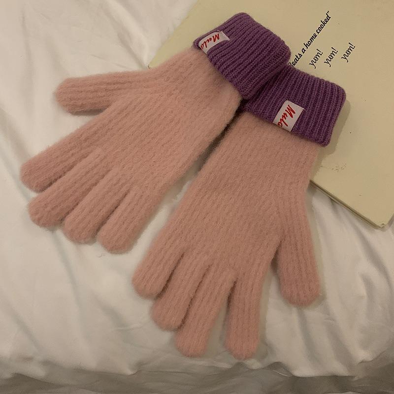 Color Warm Wool Gloves Women's Autumn and Winter New Knitted Winter Riding Five Fingers Cold Solid Color